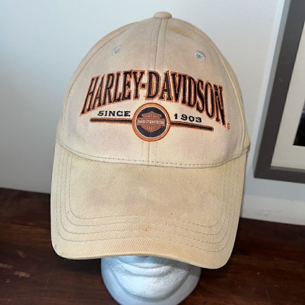 Vintage tan taupe 2 tone Harley-Davidson stretch fit motorcycle worn cap hat S/M